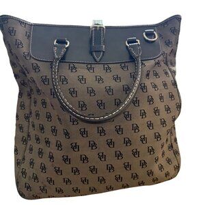 Vintage Dooney & Bourke Gray Monogram Canvas Tote 45 Leather Trim Purse Bag